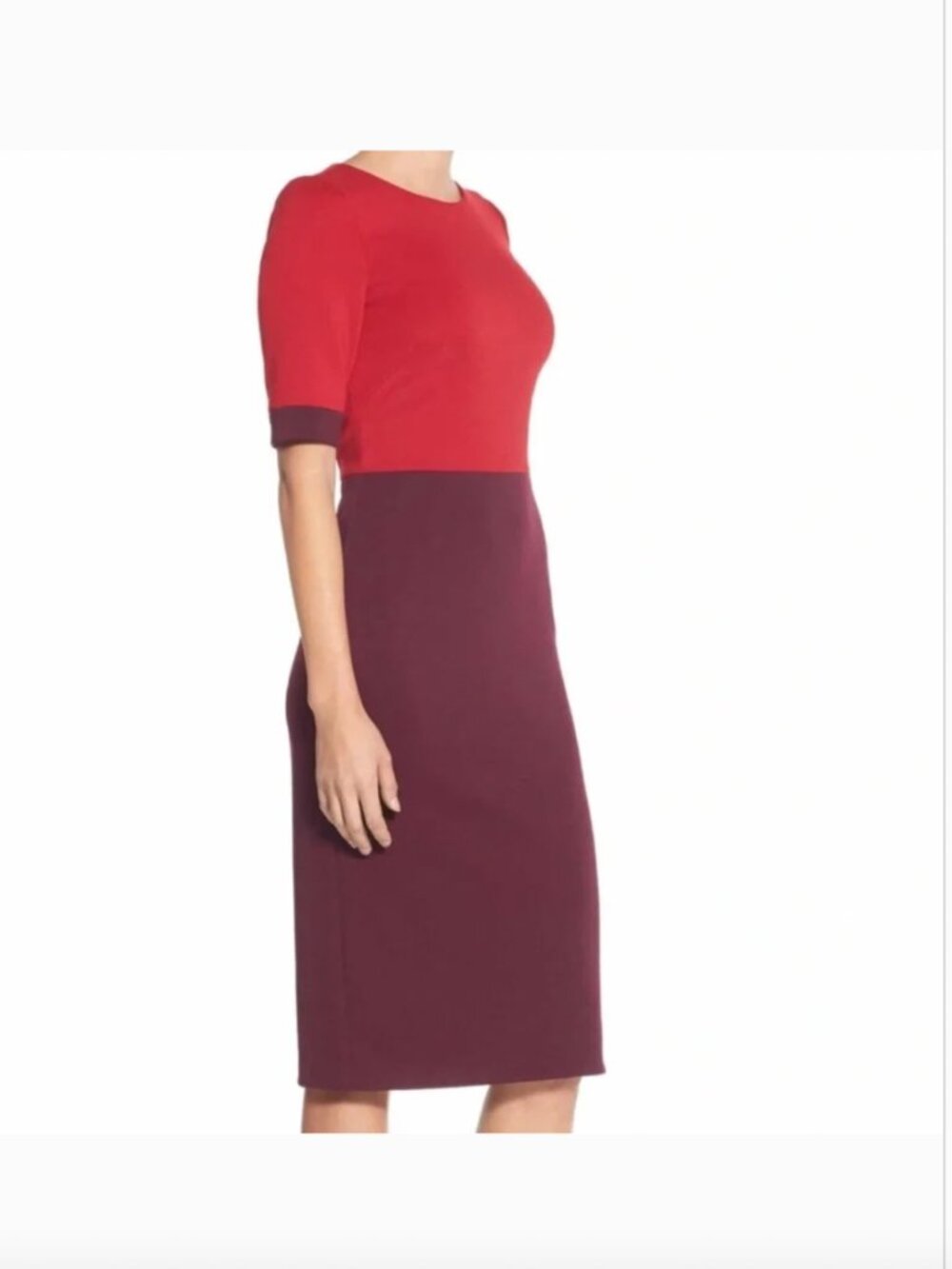 Maggy London Colorblock Scuba Midi Sheath Dress- Red and Burgundy Size 4